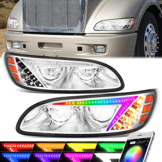 FAROS 08-19 PETERBILT 325 / 05-20 PETERBILT 330 / 05-10 PETERBILT 335 / 10-20 PETERBILT 337 / 07-10 PETERBILT 340 / 10-20 PETERBILT 348 / 07-18 PETERBILT 382 / 07-14 PETERBILT 384 / 05-16 PETERBILT 386 / 99-11 PETERBILT 387 - FULL LED RGB DRL - CHROME