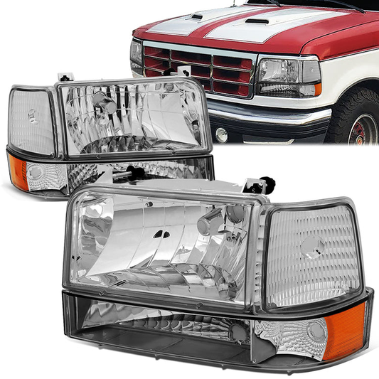 FAROS 92-96 FORD F-150, F-250, F-350, BRONCO 2/4-DR - 6PC - 9007 LOW BEAM / HIGH BEAM - 3157A TURN SIGNAL - CHROME HOUSING / AMBER CORNER