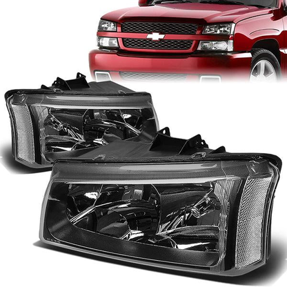 FAROS 03-04 CHEVY SILVERADO 2500 / 03-06 CHEVY AVALANCHE 1500 , 2500 / 03-06 CHEVY SILVERADO 1500 , 1500HD , 2500HD , 3500 2/4-DOOR - FITS MODELS WITHOUT FACTORY CLADDING ONLY - 2PC - BLACK HOUSING / CLEAR CORNER - 9006 LOW BEAM / 9005 HIGH BEAM
