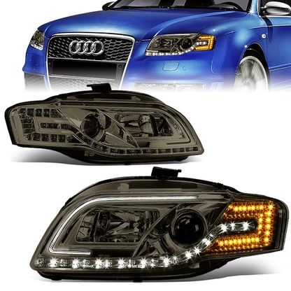 FAROS 06-08 AUDI A4, A4 QUATTRO, S4 - FOR 2005 MODELS, ONLY FITS NEW BODY - FITS SEDAN / WAGON MODELS WITH HALOGEN HEADLIGHTS ONLY -  DOES NOT FIT CABRIO AND CABRIOLET MODELS - LED DRL - HALO PROJECTOR - SMOKE HOUSING / AMBER SIGNAL