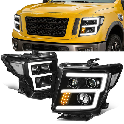 FAROS 17-22 NISSAN TITAN / 16-22 NISSAN TITAN XD - FITS MODELS WITH HALOGEN HEADLIGHTS ONLY - DOES NOT FIT FACTORY HID EQUIPPED MODELS - PROJECTOR CONVERSION E-PATTERN LED RUNNING LIGHT STRIP - H1 LOW BEAM / H1 HIGH BEAM / 2825 SIDE MARKER - BLACK HOUSING