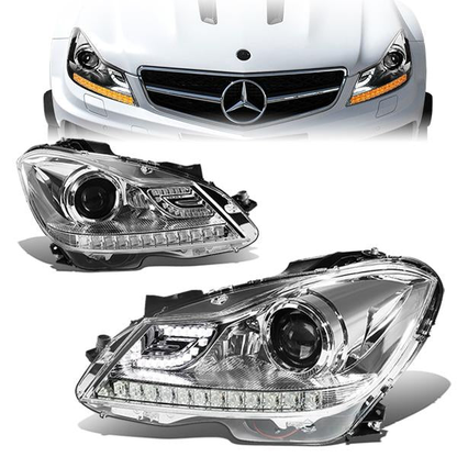 FAROS 12-14 MERCEDES BENZ C-CLASS W204 2/4-DOOR - LED - PROJECTOR - CHROME HOUSING / AMBER CORNER - H7 LOW BEAM / HIGH BEAM