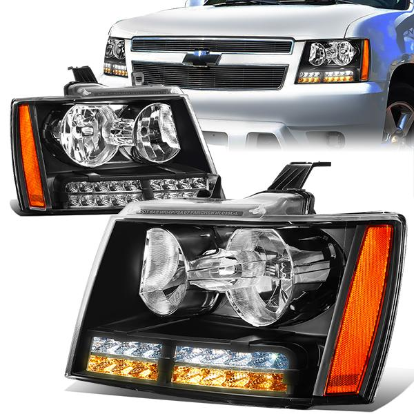 FAROS 07-13 CHEVY AVALANCHE / 07-14 CHEVY TAHOE / 07-14 CHEVY SUBURBAN 1500 / 07-13 CHEVY SUBURBAN 2500 - LED DRL - BLACK HOUSING / AMBER CORNER - H1 LOW BEAM / H1 HIGH BEAM