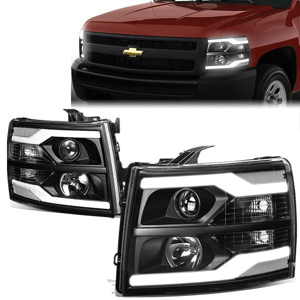 FAROS 07-13 CHEVY SILVERADO 1500 / 07-17 SILVERADO 2500, 3500 AND HD MODELS - DOES NOT FIT 2007 OLD BODY CLASSIC MODELS - LED DRL - DUAL LED - BLACK HOUSING / CLEAR CORNER