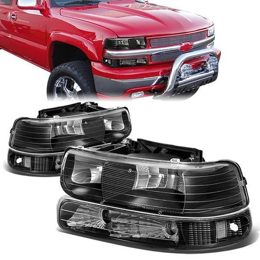 FAROS 99-02 CHEVY SILVERADO 1500 , 2500 / 00-06 CHEVY SUBURBAN 1500 , 2500 , TAHOE / 01-02 CHEVY SILVERADO 1500 HD , 2500 HD , 3500 HD 2/4-DOOR - 4PC - BLACK HOUSING / CLEAR CORNER - 9006 LOW BEAM / HIGH BEAMDLIGHTS - 99-02 CHEVY SILVERADO 1500 ,