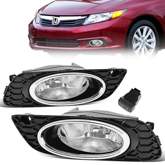 FAROS DE NIEBLA 12 HONDA CIVIC 4-DOOR SEDAN - WITH SWITCH, CHROME TRIM BEZEL - H11 BULB - CHROME / CLEAR
