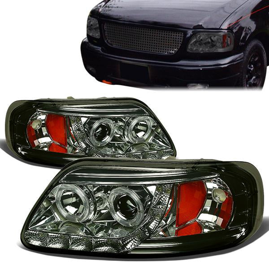 FAROS 97-99 FORD F-250 LIGHT DUTY / 97-02 FORD EXPEDITION / 97-03 FORD F-150 / 2004 FORD F-150 HERITAGE 2/4-DOOR - 1PC - LED DRL - HALO PROJECTOR - SMOKE HOUSING / AMBER CORNER - H1 LOW BEAM / HIGH BEAM