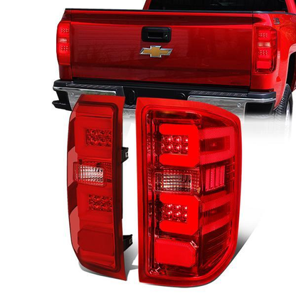 FAROS TRASEROS 14-19 CHEVY SILVERADO 1500 - 15-19 SILVERADO 2500HD 3500HD - 15-19 GMC SIERRA 3500HD DUAL REAR WHEELS - HALOGEN TAIL LIGHT MODELS ONLY - C-BAR - DUAL 3D STRIPS - LED - CHROME / RED