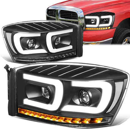 FAROS 06-08 DODGE RAM 1500 / 06-09 DODGE RAM 2500, 3500 - FITS MODELS WITH HALOGEN HEADLAMPS ONLY - DUAL LED DRL - PROJECTOR - BLACK HOUSING / CLEAR CORNER - H1 LOW BEAM / H1 HIGH BEAM / INTEGRATED LED SIGNAL & MARKER