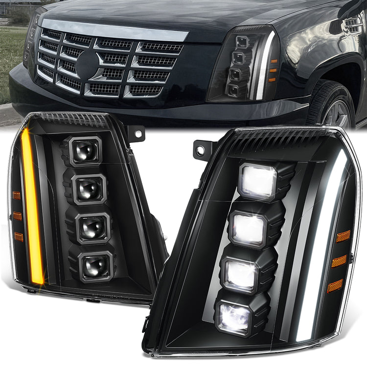 FAROS 07-14 CADILLAC ESCALADE / 07-14 CADILLAC ESCALADE ESV / 07-13 CADILLAC ESCALADE EXT - PROJECTOR HOUSING - QUAD PROJECTOR BEAM FULL LED SWITCHBACK LIGHT BAR - H7 / H1 - BLACK HOUSING / AMBER CORNER