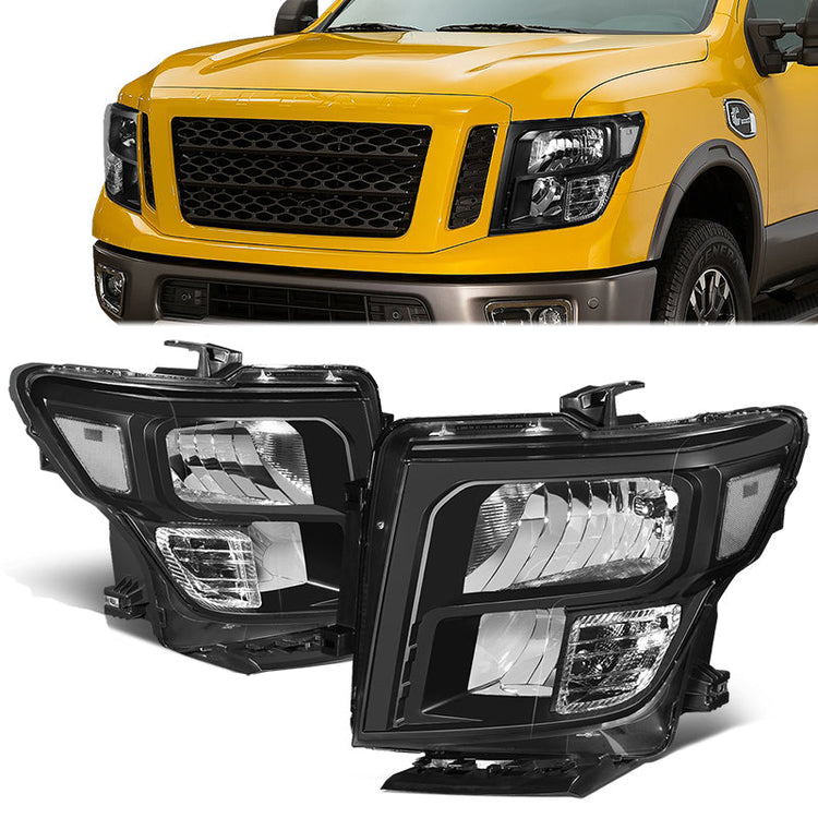 FAROS 17-22 NISSAN TITAN / 16-22 NISSAN TITAN XD - FITS MODELS W/ HALOGEN HEADLIGHTS ONLY - OE STYLE - H11 LOW BEAM / 9005 HIGH BEAM / 2825 SIDE MARKER / 7444NA TURN SIGNAL - BLACK HOUSING / CLEAR CORNER