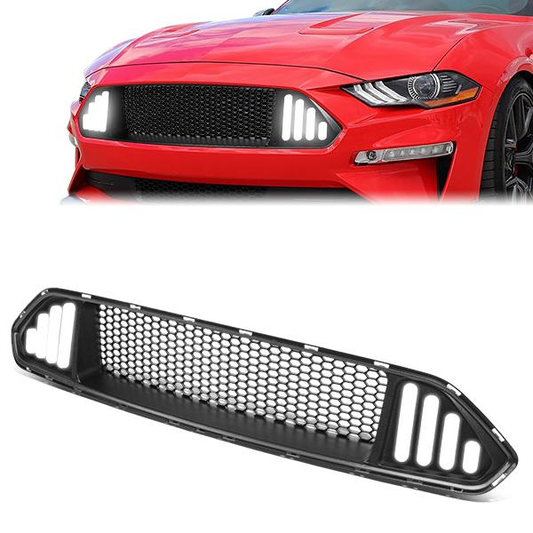 PARRILLA FRONT UPPER GRILLE - 18-20 FORD MUSTANG BASE, ECOBOOST, GT - WIRING TO EXISITNG VEHICLE LIGHTING HARNESS REQUIRED - HONEYCOMB MESH - W/ LED DRL LIGHT - BLACK