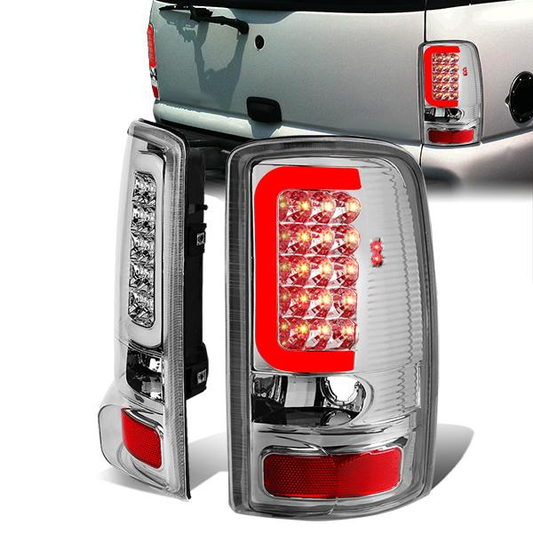 FAROS TRASEROS 00-06 CHEVY TAHOE , CHEVY SUBURBAN 1500 , 2500 , GMC YUKON , YUKON XL 1500 , 2500 - C-BAR - 3D - U-HALO LED - FITS LIFT DOOR MODELS ONLY , DOES NOT FIT BARN DOOR MODELS - CHROME / CLEAR