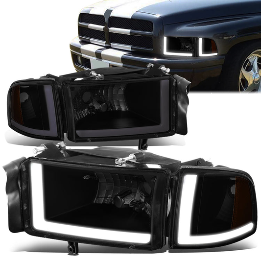 FAROS 94-01 DODGE RAM 1500 / 94-02 DODGE RAM 2500 3500 - DOES NOT FIT SPORT MODELS - LED DRL - BLACK HOUSING / SMOKE LENS / AMBER CORNER - 9004 HIGH / LOW BEAM BULBS