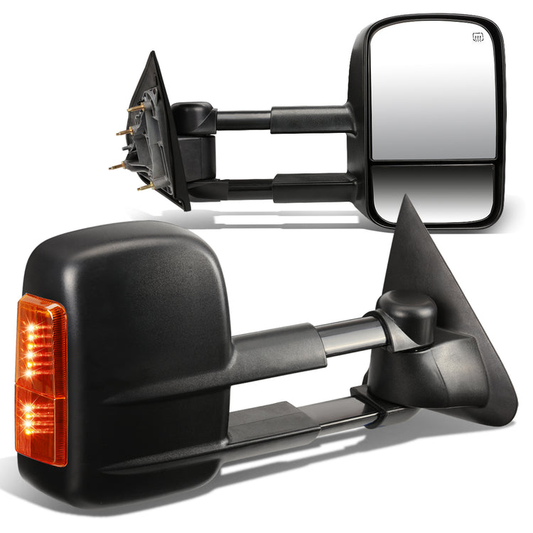 RETROVISORES EXTENDIBLES TOWING MIRROR - 14-18 CHEVY SILVERADO 1500 / 14-20 GMC SIERRA 1500 / 15-20 CHEVY SILVERADO 2500HD, 3500HD, GMC SIERRA 2500HD, 3500HD - PAIR - POWERED W/ HEATED - BLACK - AMBER SIGNAL