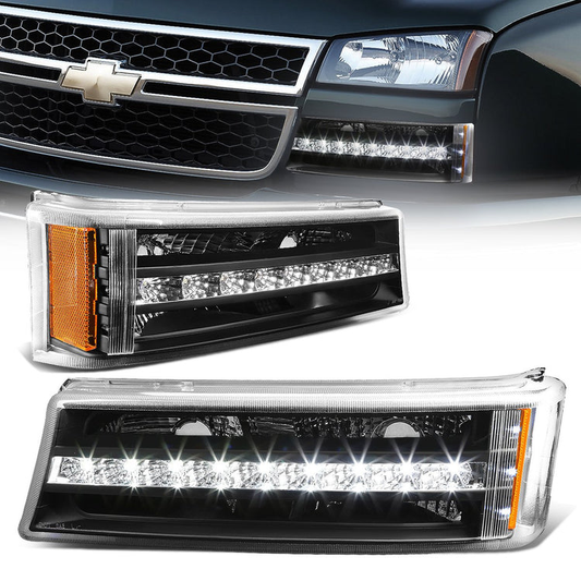 CUARTOS LUZ 03-06 CHEVY SILVERADO 1500 , 2500 , 3500 , HD MODELS, CHEVY AVALANCHE - LED DRL - FITS AVALANCHE MODELS W/O BODY CLADDING - BLACK HOUSING / AMBER CORNER