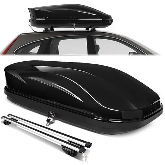 PORTAEQUIPAJE ROOF RACK CROSS BARS + CARGO ROOF BOX - UNIVERSAL - 120CM - ATTACHES TO VEHICLES WITH ROOF RAILS ONLY - BLACK