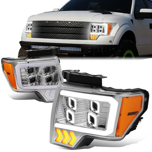 FAROS 09-14 FORD F-150 - ONLY FITS MODELS WITH HALOGEN HEADLIGHTS WITHOUT PROJECTOR - DAYTIME RUNNING LIGHT BAR REQUIRES WIRING INTO EXISITING LIGHTING HARNESS - QUAD LED DRL HALO RING - PROJECTOR HIGH / LOW BEAM - CHROME HOUSING / AMBER CORNER