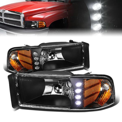 FAROS 94-02 DODGE RAM 2500, 3500 / 2001 RAM 1500 2/4-DOOR - 1PC - LED - BLACK HOUSING / AMBER CORNER - 9004 LOW BEAM / HIGH BEAM