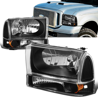 FAROS 99-04 FORD SUPER DUTY F-250, F-350, F-450, F-550 2/4-DR - 4PC - 9007 LOW BEAM / HIGH BEAM / 3157A TURN SIGNAL - BLACK HOUSING / AMBER CORNER