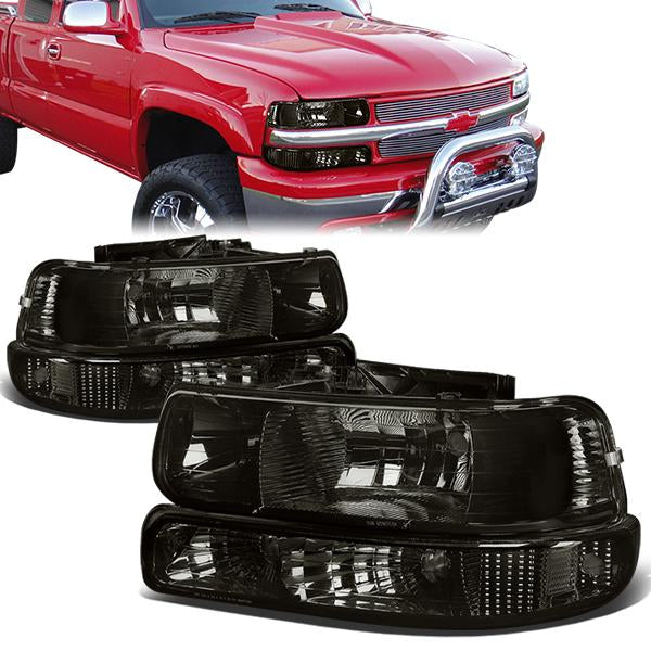 FAROS 99-02 CHEVY SILVERADO 1500HD , 2500HD , 3500HD / 00-06 CHEVY SUBURBAN 1500 , 2500 , TAHOE 2/4-DOOR - 4PC - SMOKE HOSUSING / CLEAR CORNER - 9006 LOW BEAM / 9005 HIGH BEAM