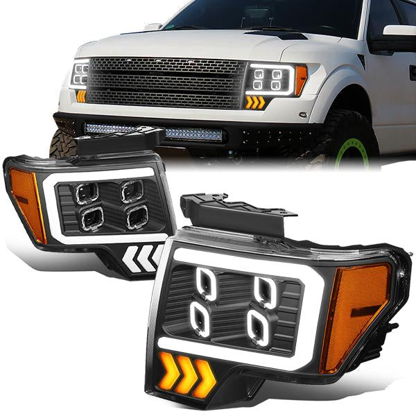 FAROS 09-14 FORD F-150 - ONLY FITS MODELS WITH HALOGEN HEADLIGHTS WITHOUT PROJECTOR - DAYTIME RUNNING LIGHT BAR REQUIRES WIRING INTO EXISITING LIGHTING HARNESS - QUAD LED DRL HALO RING - PROJECTOR HIGH / LOW BEAM - BLACK HOUSING / AMBER CORNER