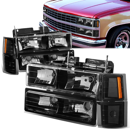 FAROS 94-98 CHEVY C10 2/4-DOOR - 8PC - BLACK HOUSING / AMBER CORNER - 9006 LOW BEAM / 9005 HIGH BEAM