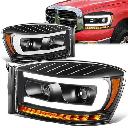 FAROS 06-08 DODGE RAM 1500 / 06-09 DODGE RAM 2500, 3500 - FITS MODELS WITH HALOGEN HEADLAMPS ONLY - LED DRL - PROJECTOR - BLACK HOUSING / AMBER CORNER - H1 LOW BEAM / H1 HIGH BEAM / INTEGRATED LED SIGNAL & MARKER