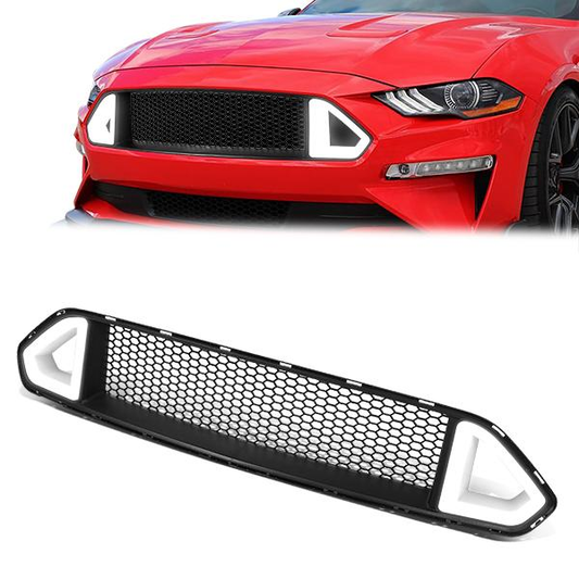 nan FRONT UPPER GRILLE - 18-20 FORD MUSTANG BASE, ECOBOOST, GT - HONEYCOMB MESH - TRIANGLE LED DRL BAR - BLACK