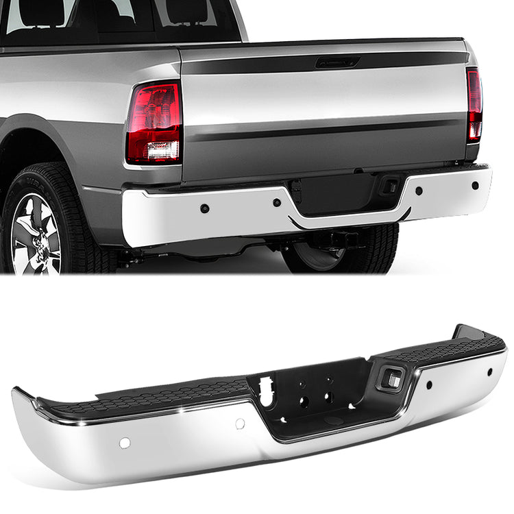 BURRERA TRASERA 09-19 DODGE RAM 1500 2500 3500 - ALSO FITS 19 RAM 1500 CLASSIC - W/O DUAL EXHAUST & W/ BACKUP SENSORS - FITS MODELS W/O DUAL EXHAUST W/ BACKUP SENSORS - CHROME/STEEL