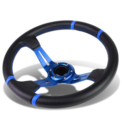 VOLANTE STEERING WHEEL - 350MM - PVC BLACK LEATHER - 6-BOLT - ALUMINUM - BLUE CENTER W/ 2 BLUE STRIPES ON TOP & BOTTOM