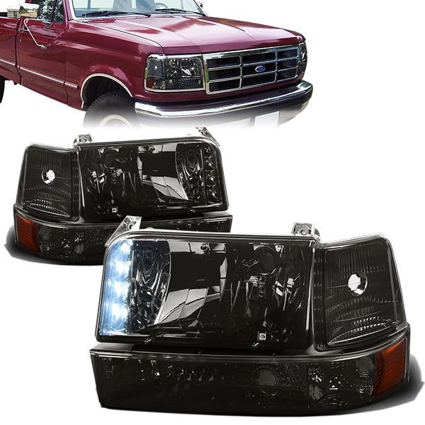 FAROS 92-96 FORD F-150, F-250, F-350, BRONCO 2/4-DR - 6PC - LED - 9007 LOW BEAM / HIGH BEAM - 3157A TURN SIGNAL - SMOKE HOUSING / AMBER CORNER