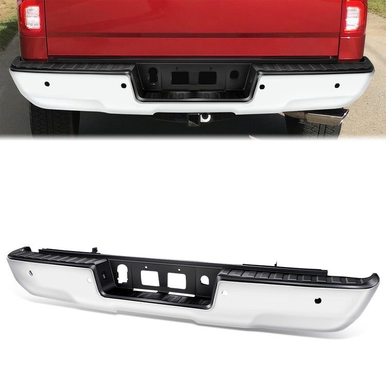 DEFENSA TRASERA CHROME - 14-18 CHEVROLET SILVERADO 1500 / 19 CHEVROLET SILVERADO 1500 LD / 14-18 GMC SIERRA 1500 / 19 GMC SIERRA 1500 LIMITED - WITH REAR PARKING SENSOR HOLES