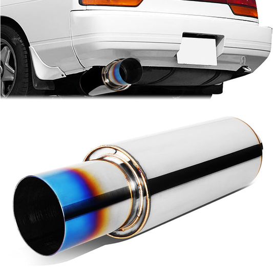 MOFLES RACING MUFFLER - TIP DIAMETER: 3.0"
TIP LENGTH: 3.5"
INLET DIAMETER: 2.0"
INLET LENGTH: 1.77"
BODY DIAMETER: 4.0"
BODY LENGTH: 9.2"
TOTAL LENGTH: 14.7" ROUND CUT / BURN TIP