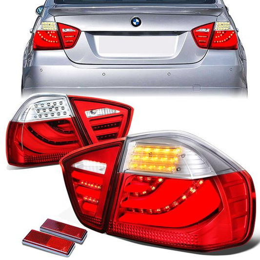 FAROS TRASEROS 05-08 BMW 3-SERIES E90 4-DR - 3D STRIP - LED - RED / CLEAR