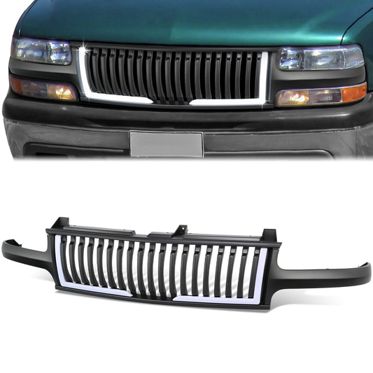 PARRILLA GRILLE - 99-02 CHEVY SILVERADO 1500, 2500 / 00-06 CHEVY SUBURBAN 1500, SUBURBAN 2500, TAHOE - VERTICAL FENCE STYLE - W/ LED DRL LIGHT - LED'S REQUIRE WIRING INTO EXISTING LIGHTING - MATTE BLACK