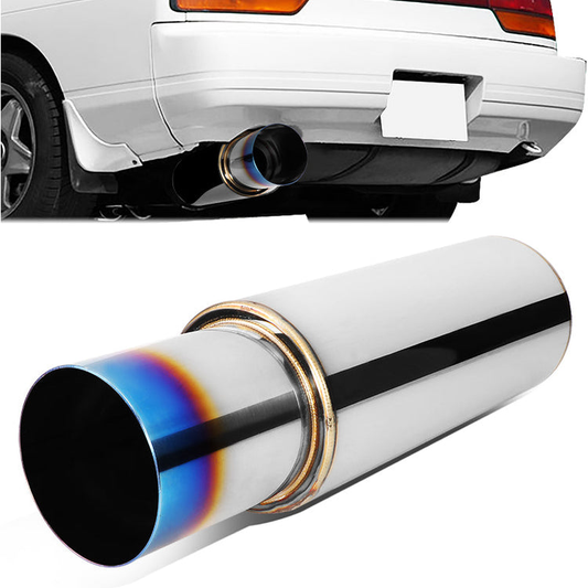 MOFLES RACING MUFFLER - TIP DIAMETER: 4.0"
TIP LENGTH: 4.3"
INLET DIAMETER: 2.5"
INLET LENGTH: 1.9"
BODY DIAMETER: 4.9"
BODY LENGTH: 12.1"
TOTAL LENGTH: 18.3" ROUND CUT / BURN TIP