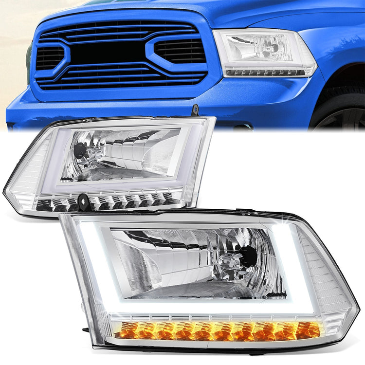 FAROS 09-10 DODGE RAM 1500 / 2010 DODGE RAM 2500 / 2010 DODGE RAM 3500 / 13-18 RAM 1500 / 19-24 RAM 1500 CLASSIC / 13-18 RAM 2500 / 13-18 RAM 3500 - FITS MODELS WITHOUT FACTORY PROJECTOR HEADLIGHT - H13 HIGH / LOW BEAM - U PATTERN 3D LIGHT BAR - CHROME /