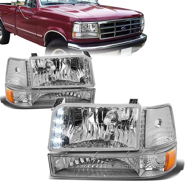 FAROS 92-96 FORD F-150, F-250, F-350, BRONCO 2/4-DR - 6PC - LED - 9007 LOW BEAM / HIGH BEAM - 3157A TURN SIGNAL - CHROME HOUSING / AMBER CORNER