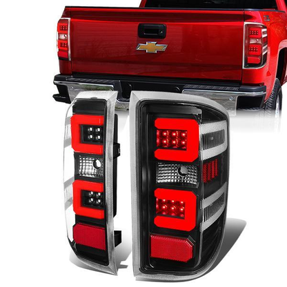 FAROS TRASEROS 14-19 CHEVY SILVERADO 1500 - 15-19 SILVERADO 2500HD 3500HD - 15-19 GMC SIERRA 3500HD DUAL REAR WHEELS - HALOGEN TAIL LIGHT MODELS ONLY - C-BAR - DUAL RED 3D STRIPS - LED - BLACK / CLEAR