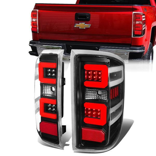 FAROS TRASEROS 14-19 CHEVY SILVERADO 1500 - 15-19 SILVERADO 2500HD 3500HD - 15-19 GMC SIERRA 3500HD DUAL REAR WHEELS - HALOGEN TAIL LIGHT MODELS ONLY - C-BAR - DUAL RED 3D STRIPS - LED - BLACK / CLEAR