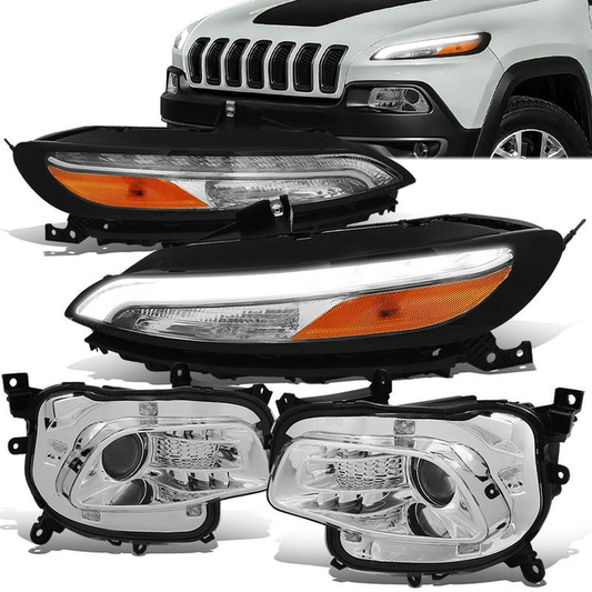 FAROS 14-18 JEEP CHEROKEE - FITS MODELS WITH FACTORY HALOGEN HEADLIGHTS ONLY. DOES NOT FIT HID MODELS - OE STYLE - LED DRL - PROJECTOR - 9005 LOW BEAM / HIGH BEAM,7440 SIGNAL, 194 MARKER - CHROME HOUSING / AMBER CORNER