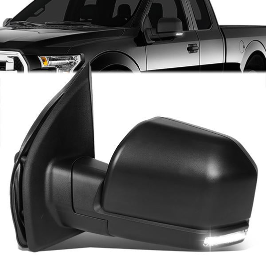 RETROVISORES EXTENDIBLES TOWING MIRROR - 15-18 FORD F-150 - OE STYLE - LEFT - POWERED W/ HEATED W/ PUDDLE LIGHT - ONLY FITS MODELS WITH 22 PIN PLUG / DOES NOT FIT 8 PIN PLUG MODELS - LED AMBER SIGNAL - BLACK