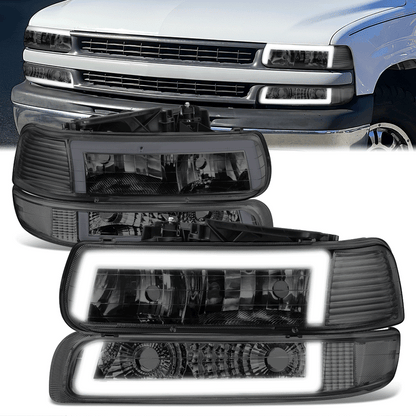 FAROS 99-02 CHEVY SILVERADO 1500, 2500 / 01-02 SILVERADO 1500HD, 2500HD, 3500 / 00-06 CHEVY SUBURBAN 1500, 2500, CHEVY TAHOE - REQUIRES WIRING TO EXISTING VEHICLE WIRING HARNESS - LED DRL - DUAL C-BAR - 4PC - SMOKE HOUSING / CLEAR CORNER