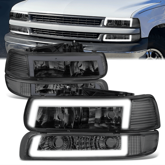 FAROS 99-02 CHEVY SILVERADO 1500, 2500 / 01-02 SILVERADO 1500HD, 2500HD, 3500 / 00-06 CHEVY SUBURBAN 1500, 2500, CHEVY TAHOE - REQUIRES WIRING TO EXISTING VEHICLE WIRING HARNESS - LED DRL - DUAL C-BAR - 4PC - SMOKE HOUSING / CLEAR CORNER