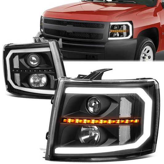 FAROS 07-13 CHEVY SILVERADO 1500 / 07-14 SILVERADO 2500, 3500 AND HD MODELS - DOES NOT FIT 2007 OLD BODY CLASSIC MODELS - LED DRL - SEQUENTIAL TURN SIGNAL - C-BAR - BLACK HOUSING / CLEAR CORNER