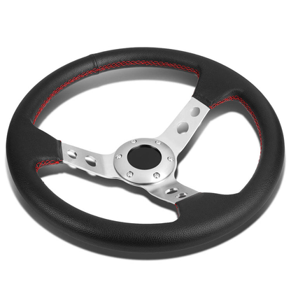 VOLANTE STEERING WHEEL - 3" DEEP DISH - 350MM - PVC LEATHER - 6 BOLT - BLACK W/ RED STITCHING - SILVER SPOKE