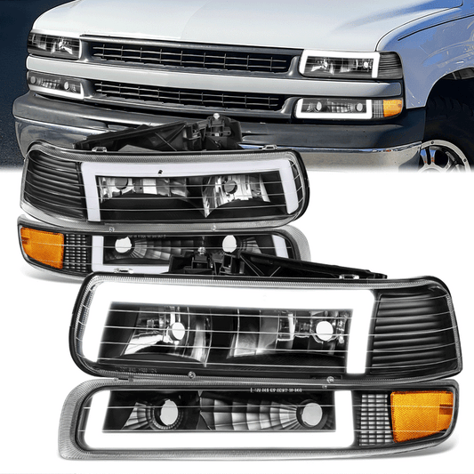 FAROS 99-02 CHEVY SILVERADO 1500, 2500 / 01-02 SILVERADO 1500HD, 2500HD, 3500 / 00-06 CHEVY SUBURBAN 1500, 2500, CHEVY TAHOE - REQUIRES WIRING TO EXISTING VEHICLE WIRING HARNESS - LED DRL - DUAL C-BAR - 4PC - BLACK HOUSING / AMBER CORNER