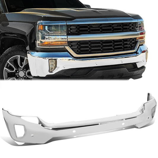 DEFENSA 16-18 CHEVY SILVERADO 1500 FRONT BUMPER FACE BAR - W/ FOG LIGHT CUT OUT, W/ SENSOR HOLE, CHROME