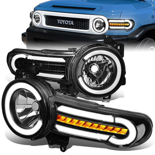 FAROS 07-14 TOYOTA FJ CRUISER - LED DRL - SEQUENTIAL TURN SIGNAL - BLACK HOUSING / CLEAR CORNER - 9003 LOW BEAM / H4 HIGH BEAM
